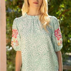 Embroidered Puff Sleeves Dotted Blouse